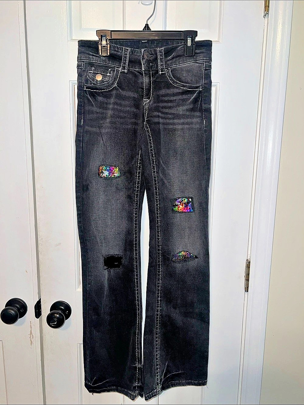 Brand New Black Embellished Flare Jeans with Rainbow Sequins - Size 18
